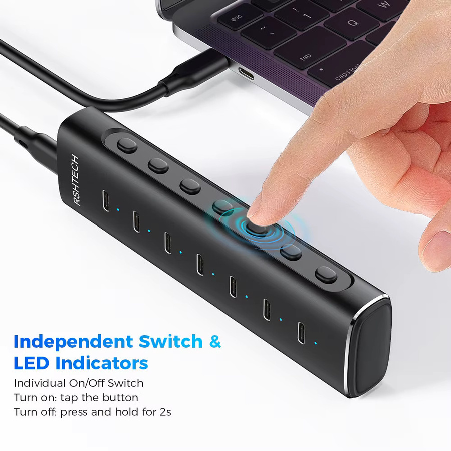 RSHTECH USB-C 3.2 Hub aus Aluminium in Schwarz mit 7 Anschlüssen, 10Gbps Datenübertragung und 12V/3A Netzteil - Bild 4