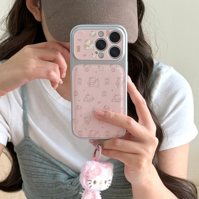 Sanrio Hello Kitty Handyhülle aus Leder mit Graffiti-Linien und großem Fenster für iPhone 17 16 15 14 Pro Max in Pink inklusive Lanyard - Bild 1