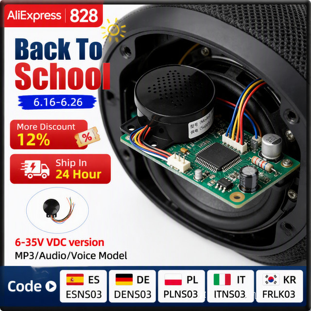 Gaqqee 9-Wege-Audio-Modul mit Sprachausgabe und MP3-Player, wasserdichter Lautsprecher mit Sicherheitsalarm und benutzerdefinierter Sprachsteuerung, Schwarz - Bild 1