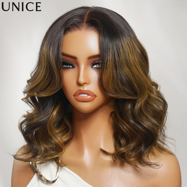 UNice Balayage Highlight Welliger Bob-Perücke aus Echthaar, Unisex - Bild 1