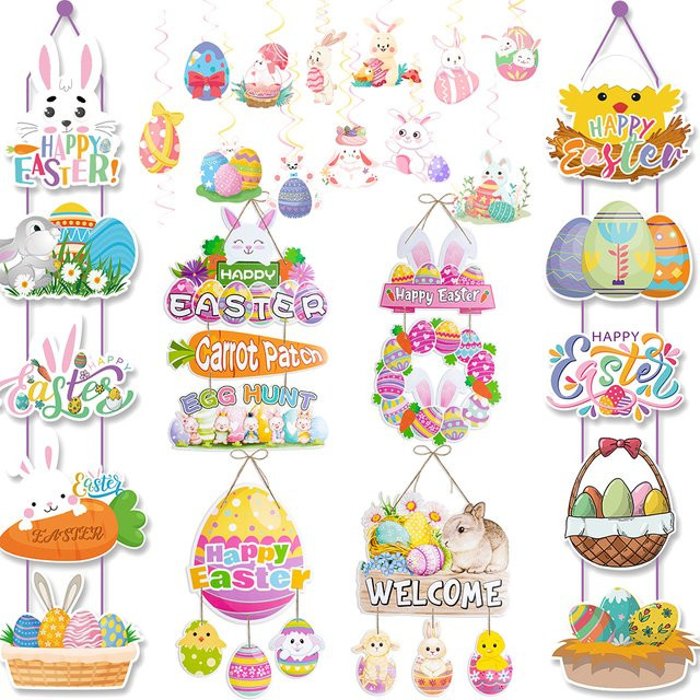Oster-Türdeko aus Papier mit Hase und Ei als hängendes Banner für deine Ostern-Party in Mehrfarbig - Bild 1
