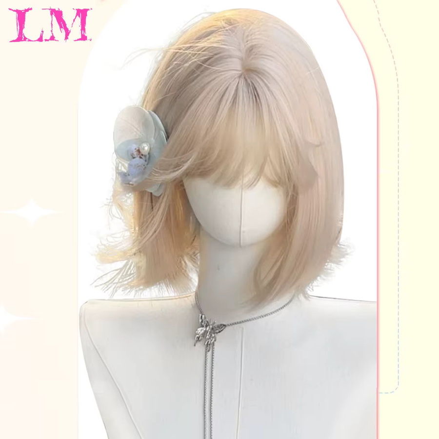 LIANGMO Synthetik-Perücke, kurzer lockiger Bob mit Pony, Platin-Gold, Damen - Bild 2