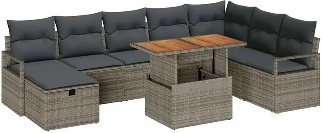 vidaXL Garten-Sofa-Set aus Polyrattan in Grau mit 9 Teilen inklusive Ottomane, Couchtisch und Kissen für Terrasse und Garten - Bild 1