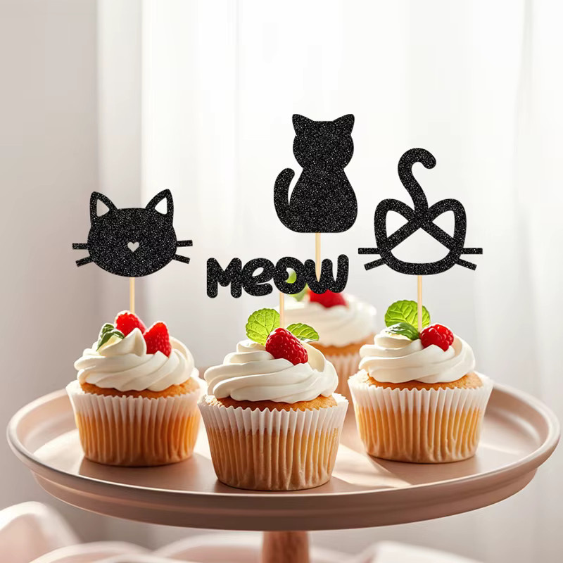 YOMDID 24 Stück Cupcake-Topper mit Katzenmotiv in Schwarz, glitzernde Cupcake-Picks für Geburtstagskuchen-Dekorationen - Bild 2
