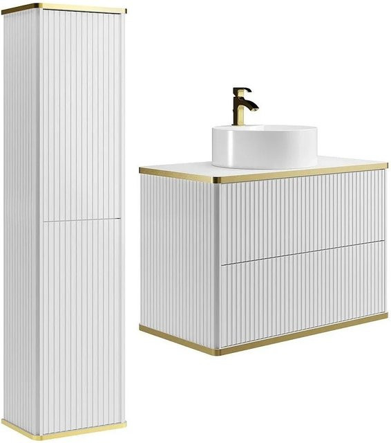 Vente-unique Badmöbel-Set Keliza in Weiß im Art-Déco-Stil mit Aufsatzwaschbecken und Hochschrank, Breite: 80 cm - Bild 1