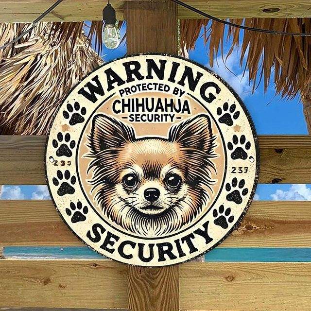 Rundes Metallschild Potdemiel mit Warning Protected by Chihuahua Security Aufschrift in Vintage-Optik, Durchmesser: 20 cm - Bild 1