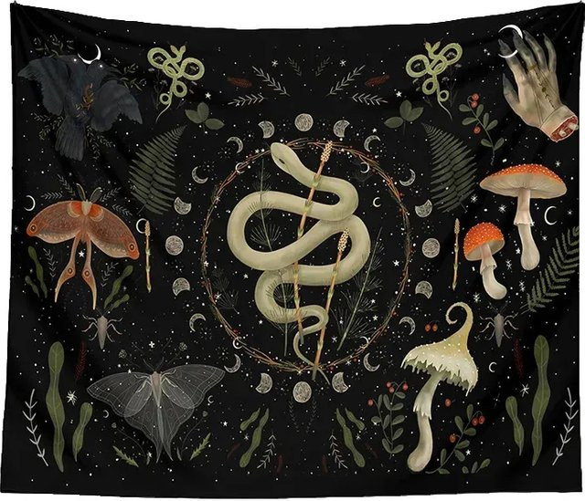 VIKAMA Wandteppich Witchy Snake Moon Phase in Schwarz, mystische Boho Wanddekoration für Schlafzimmer und Wohnzimmer, Breite: 160 cm, Höhe: 100 cm - Bild 1