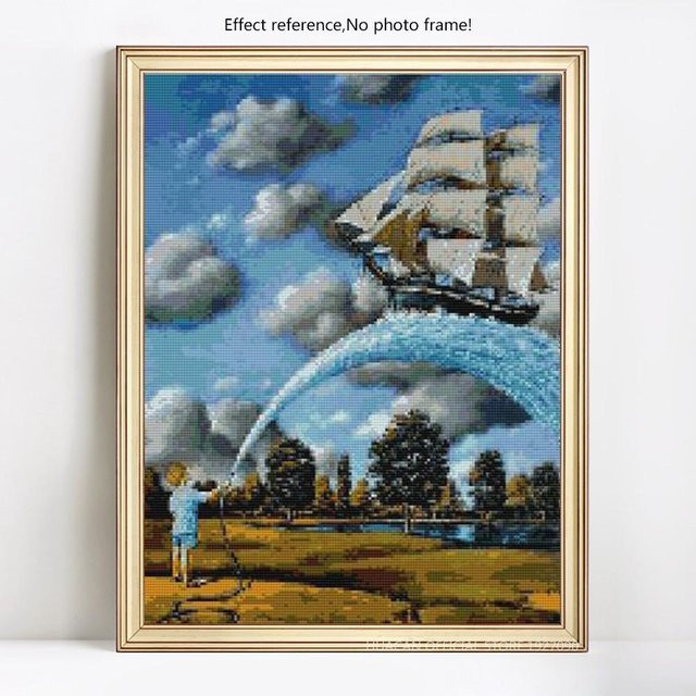 FIYO 5D Diamantmalerei Segelboot als Motiv für die Diamantstickerei in Grau und Blau, B/H: 20 x 30 cm - Bild 1