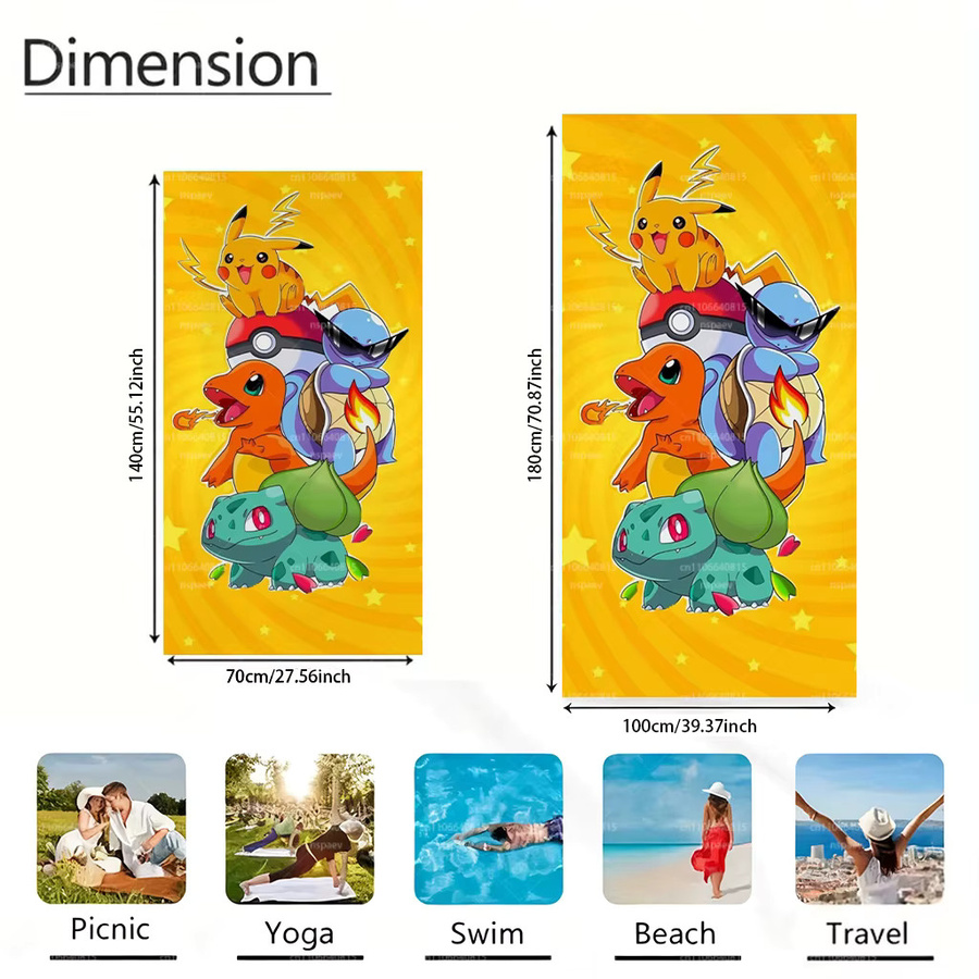 Potdemiel Pokemon Starters Strandtuch mit Pikachu Charmander Squirtle Bulbasaur Aufdruck aus Mikrofaser, schnelltrocknend für Kinder - Bild 3