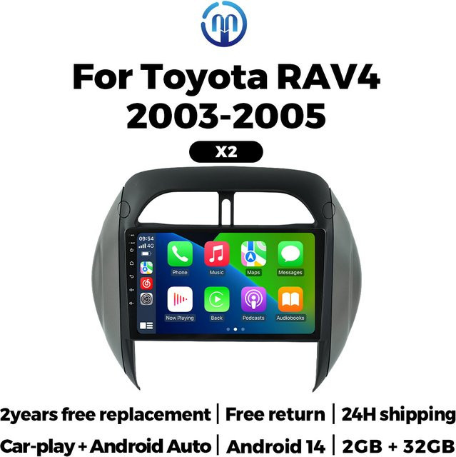 NAVIFANS Android 14 Autoradio mit 9 Zoll Display für Toyota Rav4 2003-2005, CarPlay, GPS Navigation und Multimedia Player, Schwarz - Bild 1