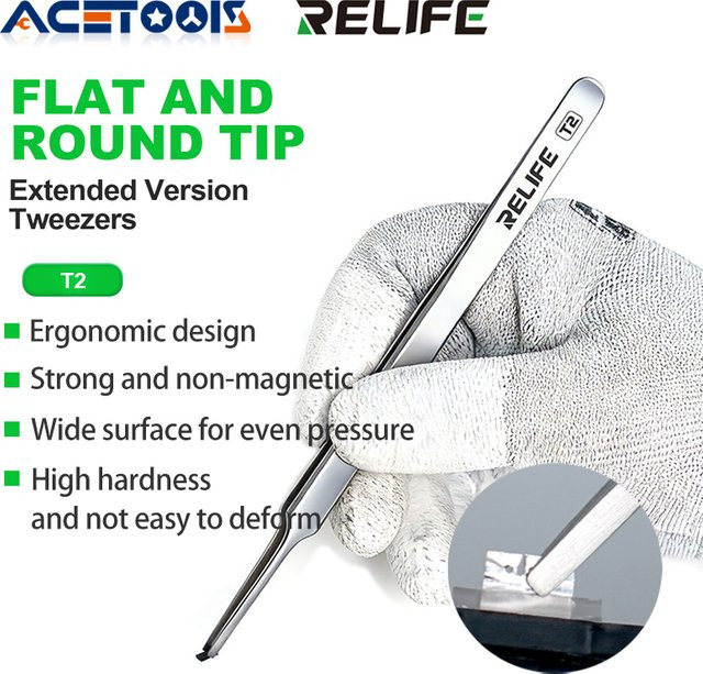 RELIFE T2 Anti-Magnet-Pinzette in Silber mit verlängertem Griff und flacher runder Spitze für SMD-Komponenten und Telefon-Motherboard-Reparaturen - Bild 1