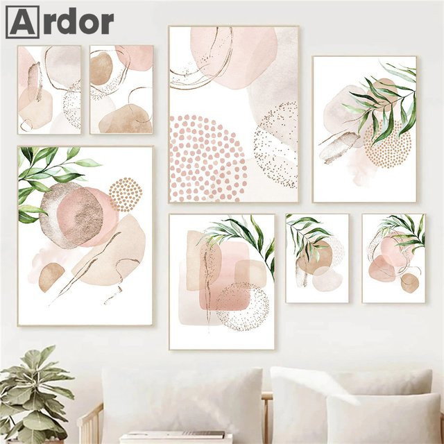 ARDOR Boho Wandkunst Leinwandmalerei mit abstrakten geometrischen Formen und botanischen Blättern in Beige, Rosa und Grün - Bild 1
