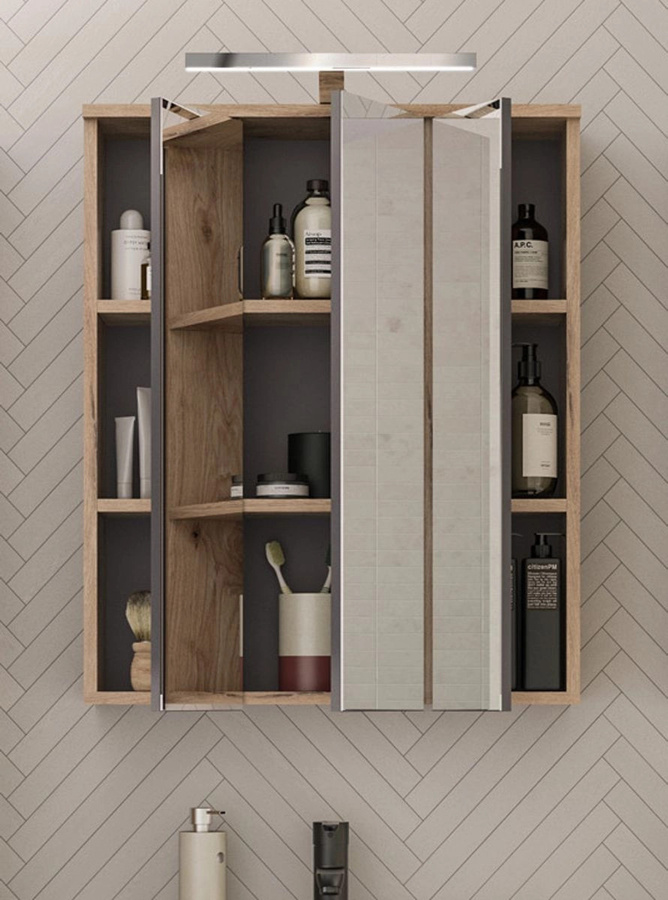 Inn.Furn Spiegelschrank Tomaso in Eiche, 3-türig mit LED-Beleuchtung und Soft-Close, B: 60 cm, H: 77 cm - Bild 3