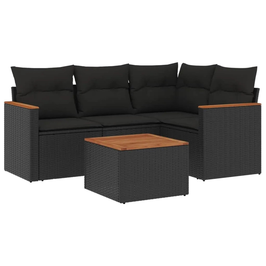 vidaXL 5-tlg Garten-Sofagarnitur aus Poly-Rattan und Akazienholz in Schwarz mit Kissen Modell 144 - Bild 2
