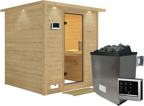 Karibu Sauna Sindi aus Fichtenholz in Beige inklusive 9 kW Saunaofen mit externer Steuerung für 4 Personen, B/T/H: 221 x 198 x 212 cm - Bild 1