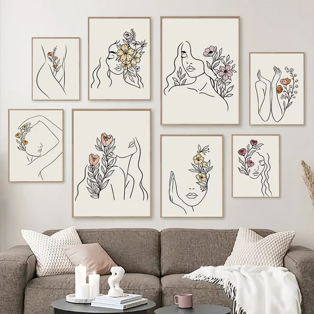Potdemiel Abstrakte Leinwandmalerei mit Blumen, Gesicht und Körper im Nordic-Stil, Mehrfarbiges Wandbild für Wohnzimmer und Salon - Bild 1