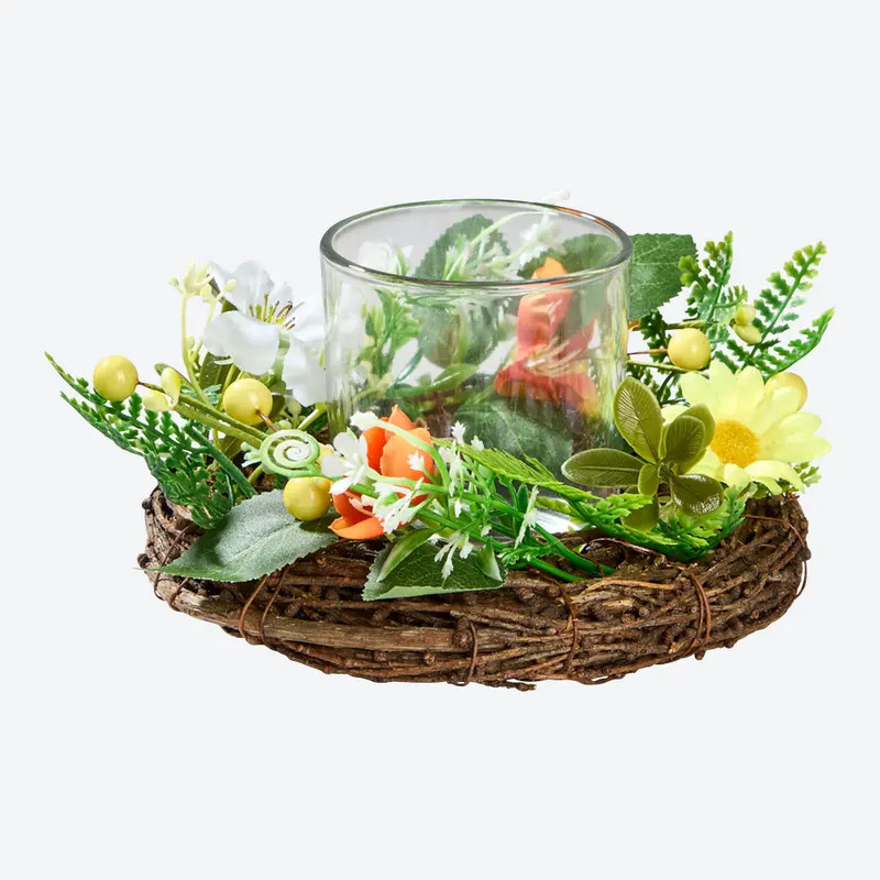 NKD Dekokranz mit Teelichthalter in Grün aus Rattan und Kunststoff, Durchmesser: 15 cm, Höhe: 9 cm - Bild 2