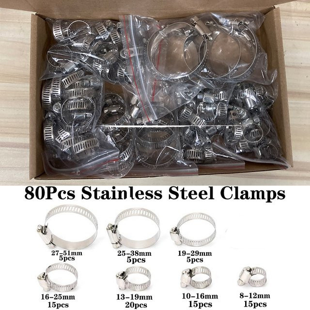 80 Stück Schlauchschellen Set aus Edelstahl in Silber von YISEONG, Durchmesser 8 mm bis 51 mm - Bild 1
