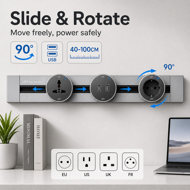 FRONCS Universal Steckdosenadapter mit Doppel-USB und AC-Stecker in Silber für Wand-Stromschienen - Bild 1