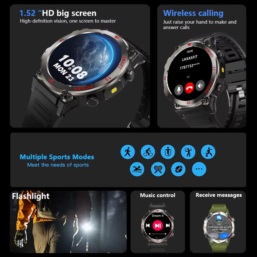 LAXASFIT Smartwatch, Herren, Schwarz, Silikon, Bluetooth, Rund - Bild 2
