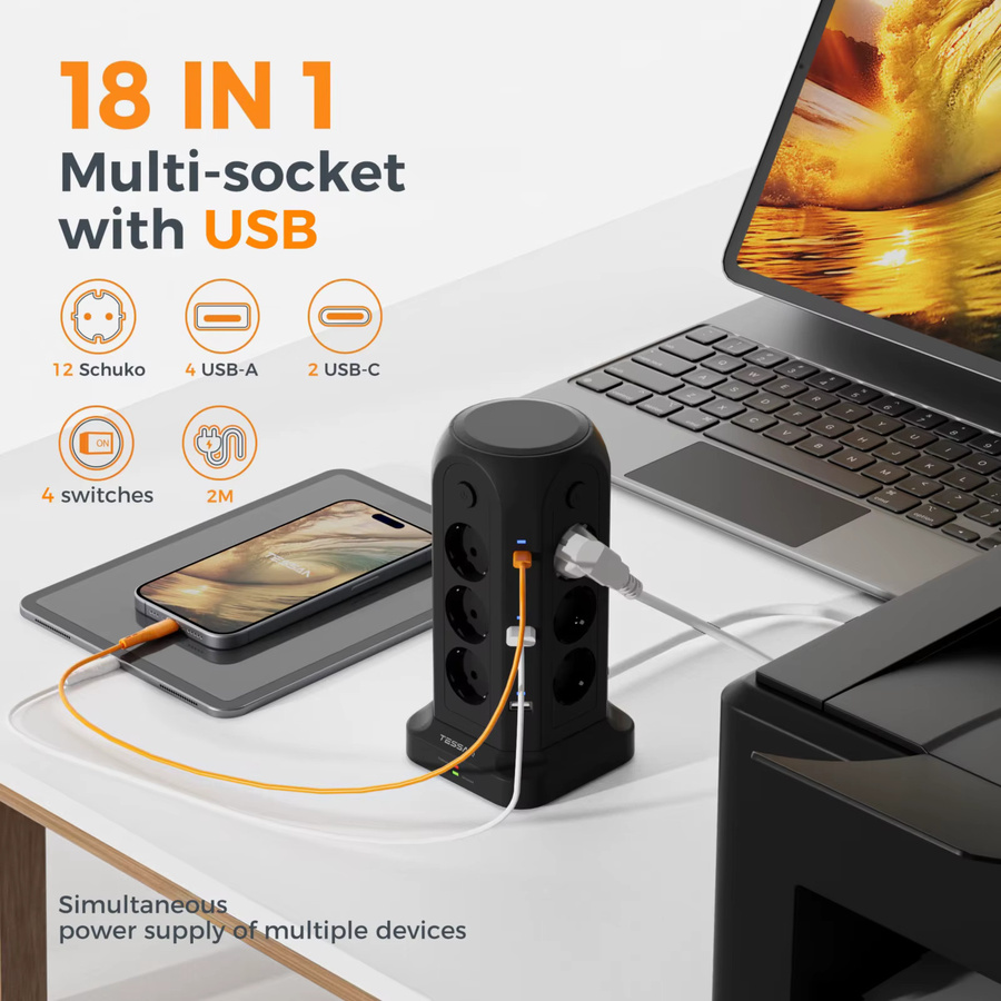 TESSAN Multi-Tower-Steckdosenleiste Schwarz mit 12 Steckdosen, 4 USB-A, 2 Typ-C und Überspannungsschutz - Bild 1