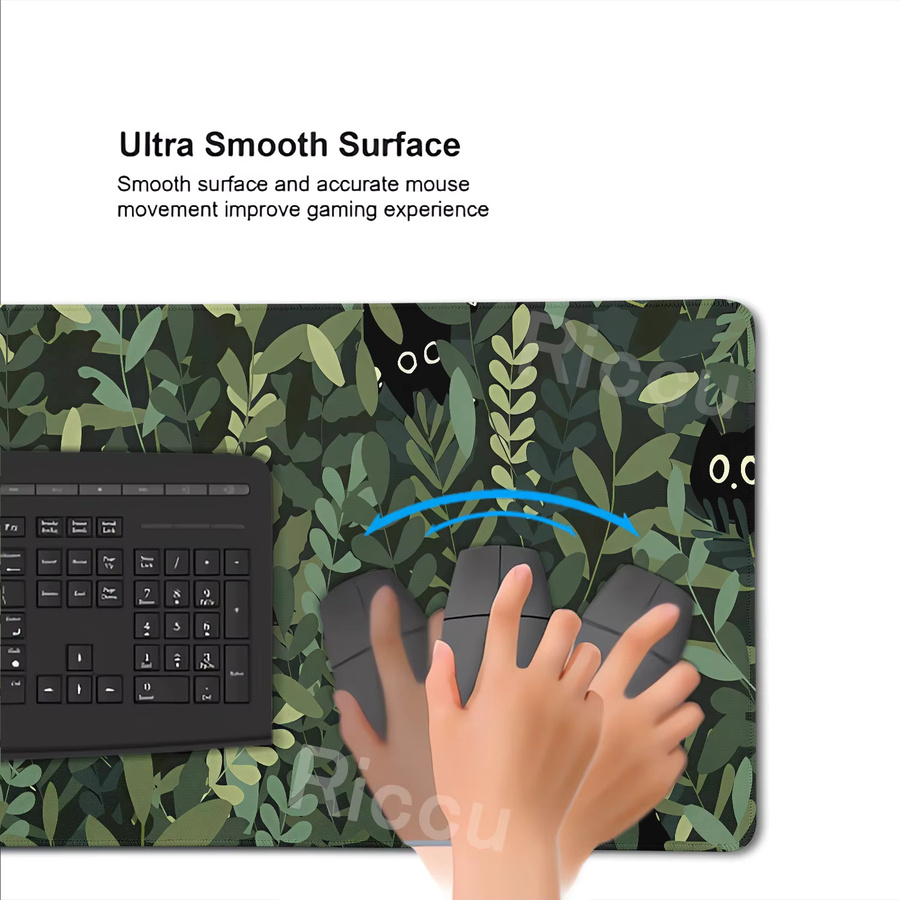 Riccu XXL Gamer-Mauspad mit Anime Motiv Schwarze Katze und Grüner Pflanze, Kawaii Schreibtischunterlage für PC und Büro - Bild 3