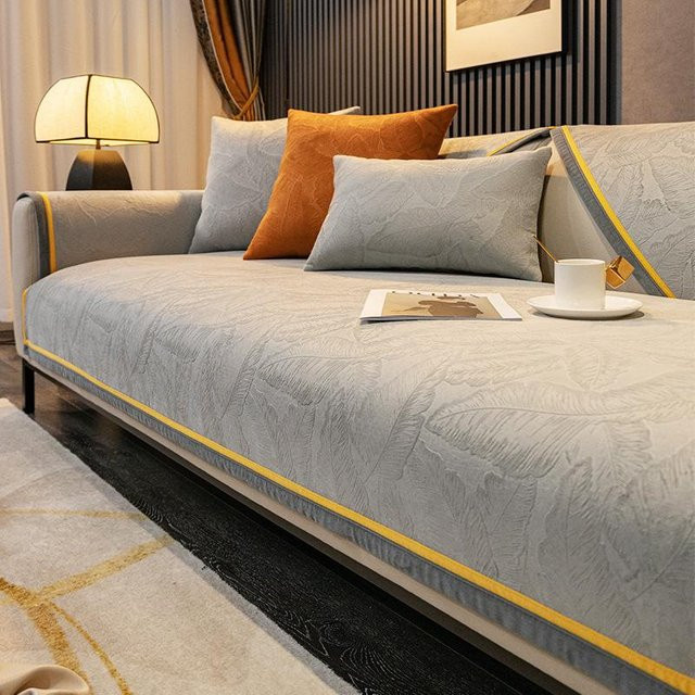 Rutschfester Jacquard Sofabezug mit kurzem Plüsch und floralem Muster, grau mit gelbem Rand, Breite: 70 cm, Tiefe: 70 cm - Bild 1