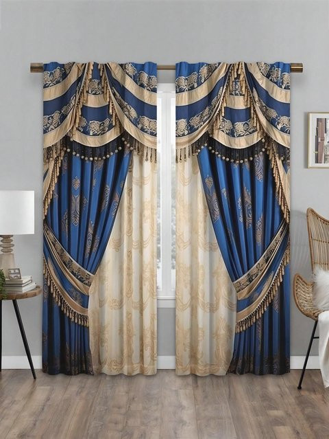 Yiran Furniture 2-teiliges Vorhangset mit Grafikprint im Retro-Stil, blau, halbtransparent, Polyester, B: 60 cm, H: 150 cm - Bild 1