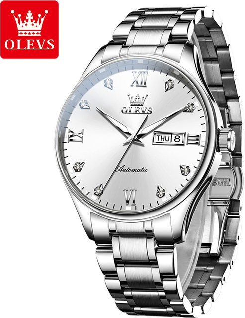 OLEVS Armbanduhr Automatik, Edelstahl, Silber, Diamant, Herren - Bild 1