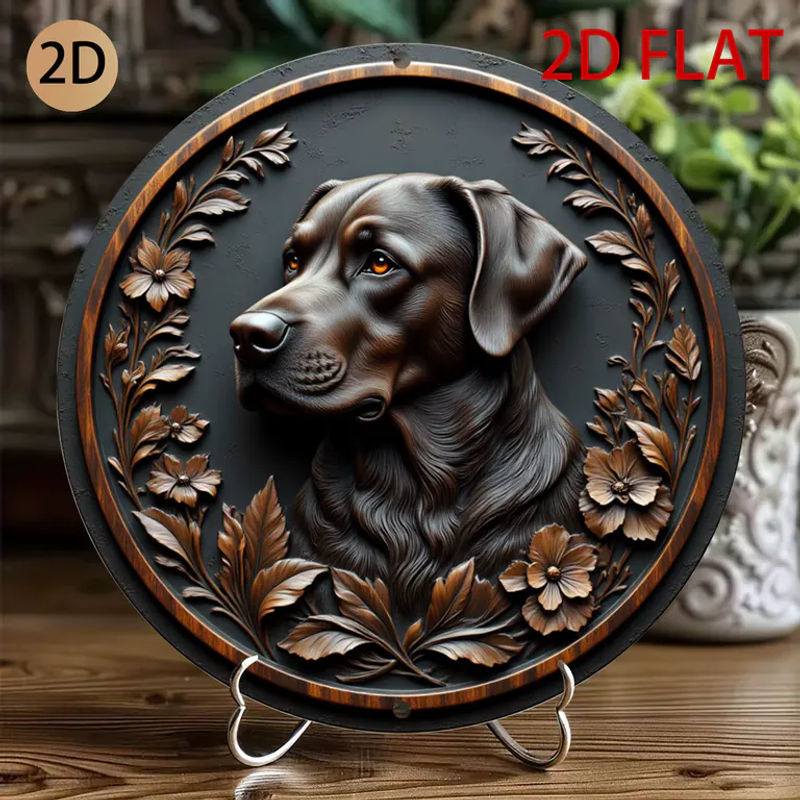Rundes Metall-Blechschild mit Schokoladenfarbenem Labrador Retriever im Vintage-Stil als Wanddekoration in Braun - Bild 3