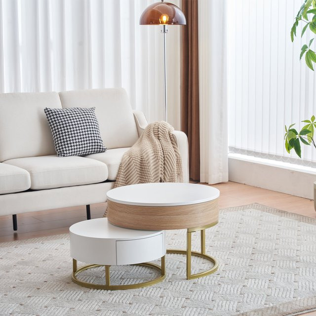 Aosom 2-teiliges Couchtisch Set in Weiß und Gold, höhenverstellbarer quadratischer Satztisch mit Schubladen für dein Wohnzimmer, B/T/H: 70 x 70 x 70 cm - Bild 1