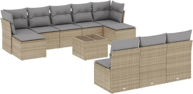 vidaXL 11-tlg Garten-Sofagarnitur aus Poly-Rattan mit Kissen in Beige, Modell 68 - Bild 1