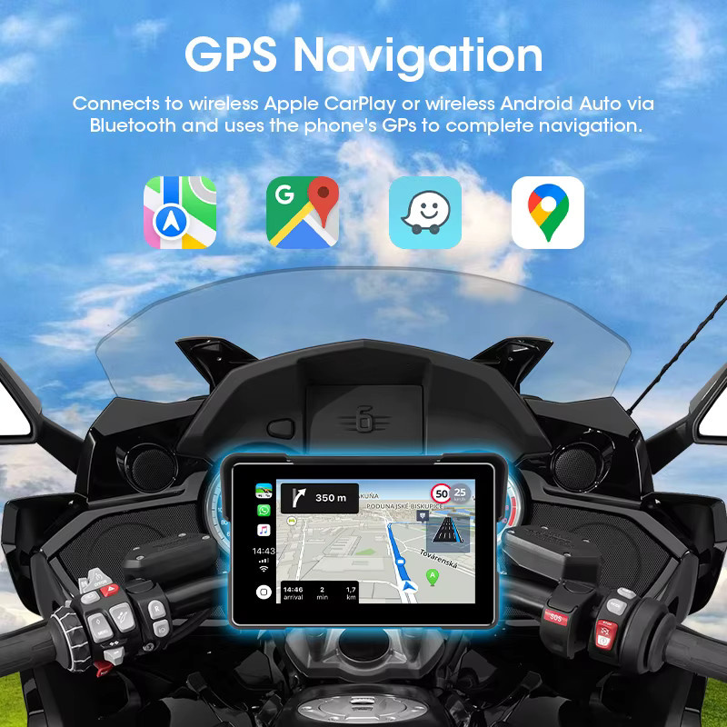 Jansite Motorrad-Navigationssystem mit Android Auto und Apple CarPlay, 5/7 Zoll tragbarer Bluetooth-Monitor, IP67 wasserdicht, Schwarz - Bild 7