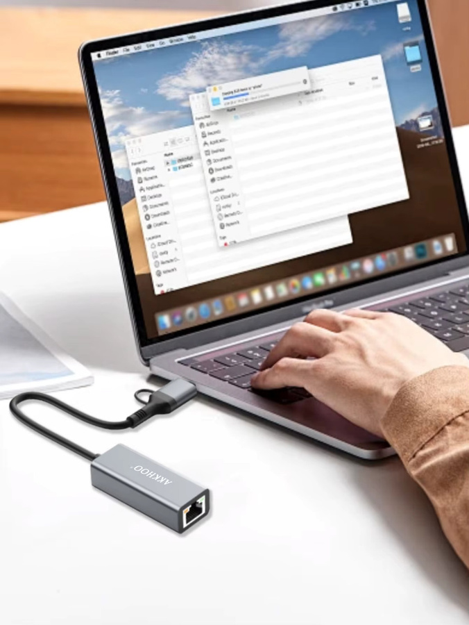 AKKHOO USB und Type-C Zwei-in-Eins Netzwerkkartenkonverter RJ45 Ethernet LAN Adapter in Grau - Bild 2