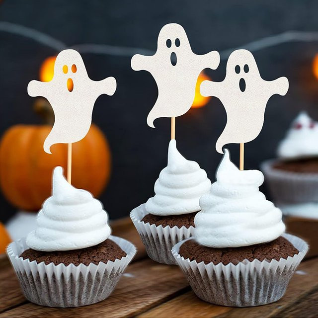 12 Stück VRISE Halloween White Ghost Cupcake Topper aus Papier für Party und Babyparty Dekoration in Weiß - Bild 1