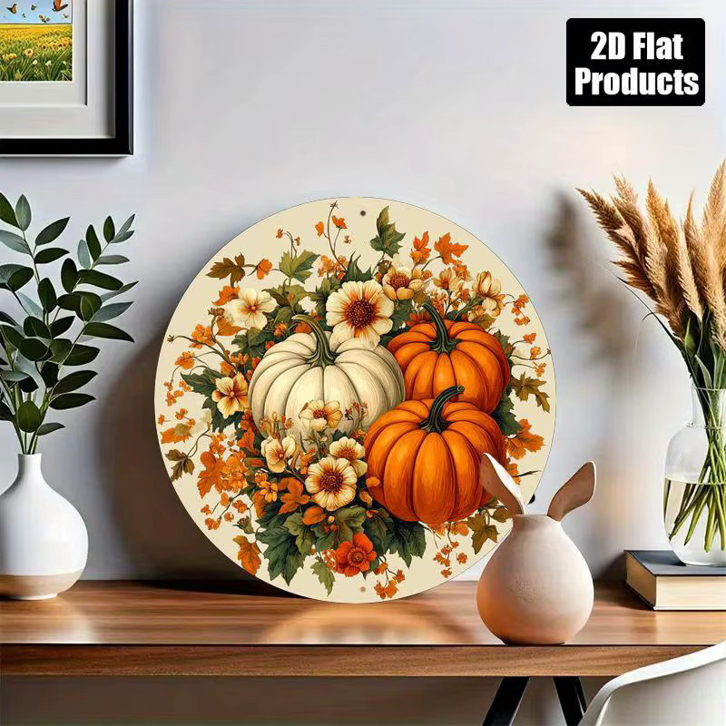 Rundes Aluminiumschild Potdemiel mit Kürbis und Blumen im Vintage-Design, Durchmesser: 20,32 cm, Mehrfarbig - Bild 5