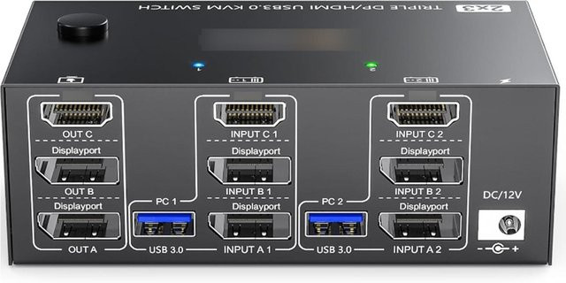 Andoer USB 3.0 KVM-Umschalter Schwarz mit HDMI und DisplayPort, unterstützt 8K bei 30 Hz sowie 4K bei 144 Hz, zwei Eingänge und drei Ausgänge mit drei Monitorumschaltern - Bild 1