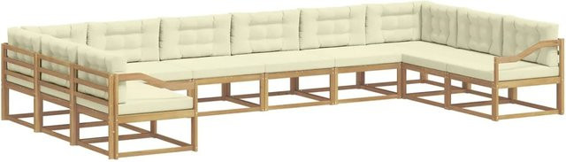 vidaXL Outdoor-Sofagarnitur in U-Form aus massivem Akazienholz mit Kissen, 10-teilig, Weiß und Creme - Bild 1
