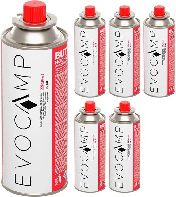 Evocamp Butan Gaskartuschen 6er Set, 227g pro Stück, Typ MSF-1a für Campingkocher, Gasheizung und Unkrautbrenner - Bild 1