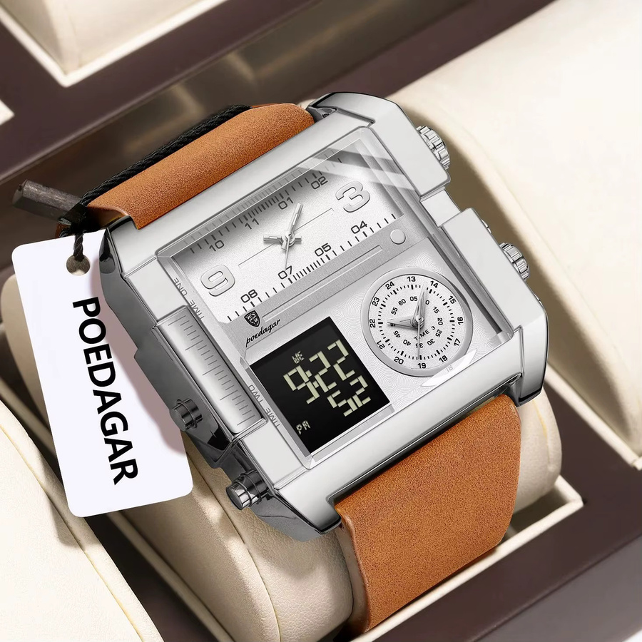 POEDAGAR Digitaluhr, Quarz, Schwarz, Leder, Herren - Bild 2