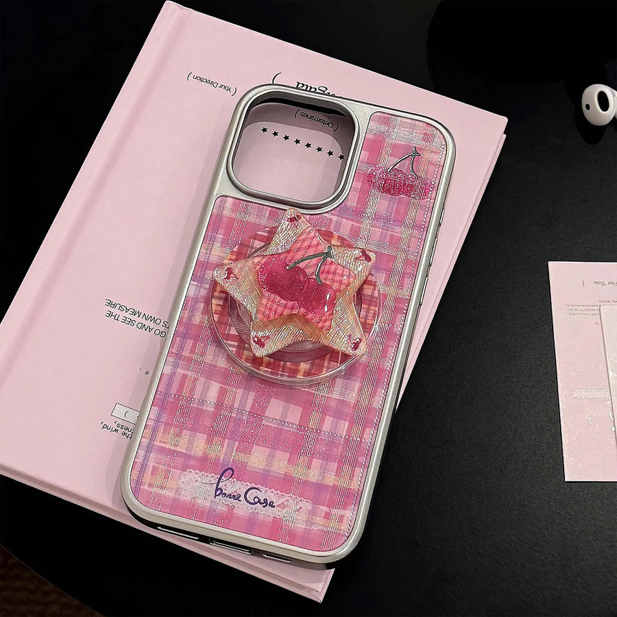 MUQGEW Magnetische iPhone Schutzhülle mit Kirschblüten und Gittermuster in Pink für iPhone 17 16 15 14 13 12 Pro Max stoßfest - Bild 2