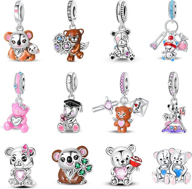 Charms-Anhänger 925 Sterlingsilber, Blumenbär, Rosenbär - Bild 1