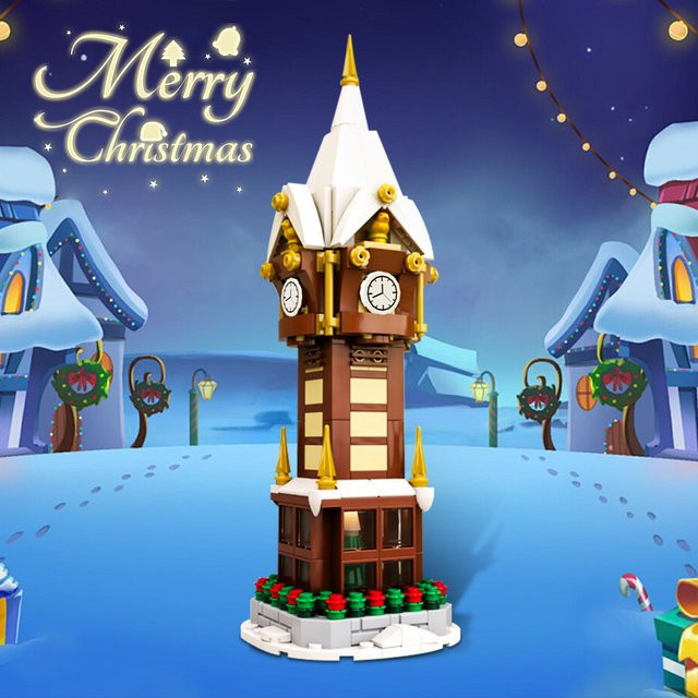 GOBRICKS MOC Weihnachtsstraßen-Uhr, Bausteine Stadtminiatur, Winterdorf Adventskalender Glockenturm Architektur Spielzeug - Bild 1