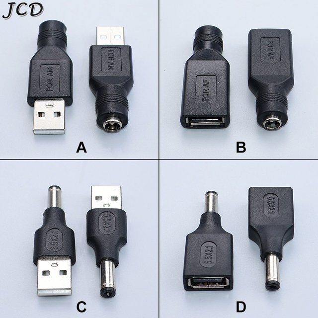 JCD DC Stecker auf USB Adapter Konverter Schwarz, 5,5 x 2,1 mm auf USB Weiblich und Männlich für Laptop und PC - Bild 1