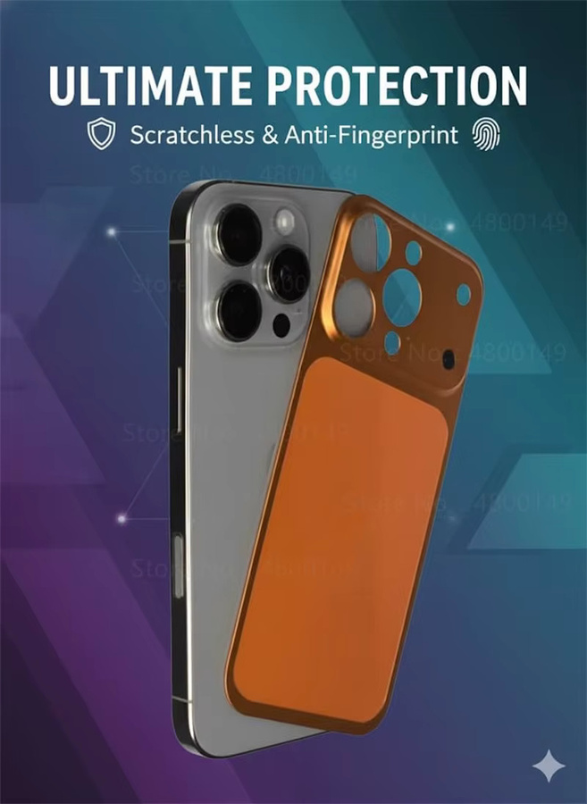 OLPAY Metall-Rückplatte und Displayschutzfolie Konverter-Set für iPhone 16 15 14 13 Pro Max und 16 Pro in Silber und Orange - Bild 3