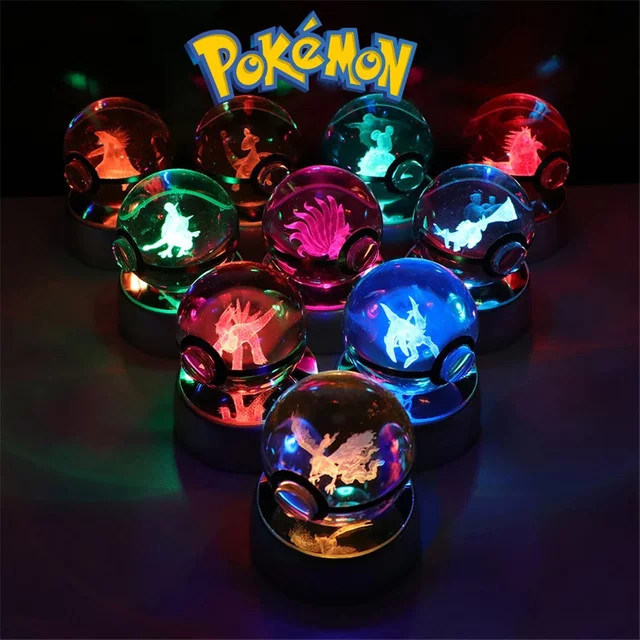 Pokémon 3D Kristall Ball Figur Pokeball Gengar Gyarados Mimikyu Snorlax Rayquaza Sprigatito Modell, mit Led Licht Basis, Puppen - Bild 1