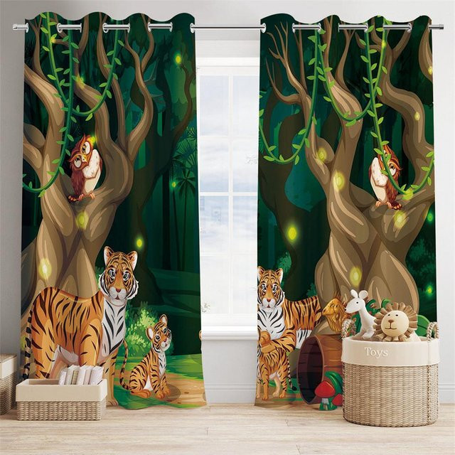 Dschungeltierwelt Vorhänge mit niedlichem Tiger-Cartoon-Druck, 2er-Set aus Polyester, Mehrfarbig, Breite: 50 cm, Höhe: 130 cm - Bild 1