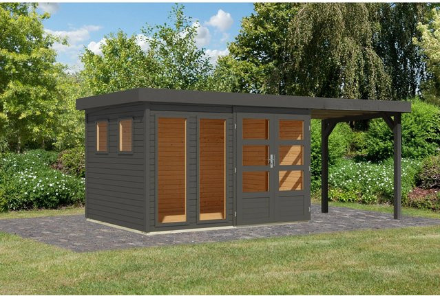 Karibu Gartenhaus Maradi 5 aus Massivholz mit Anbaudach in Terragrau B: 298 cm, T: 211 cm, H: 242 cm - Bild 1