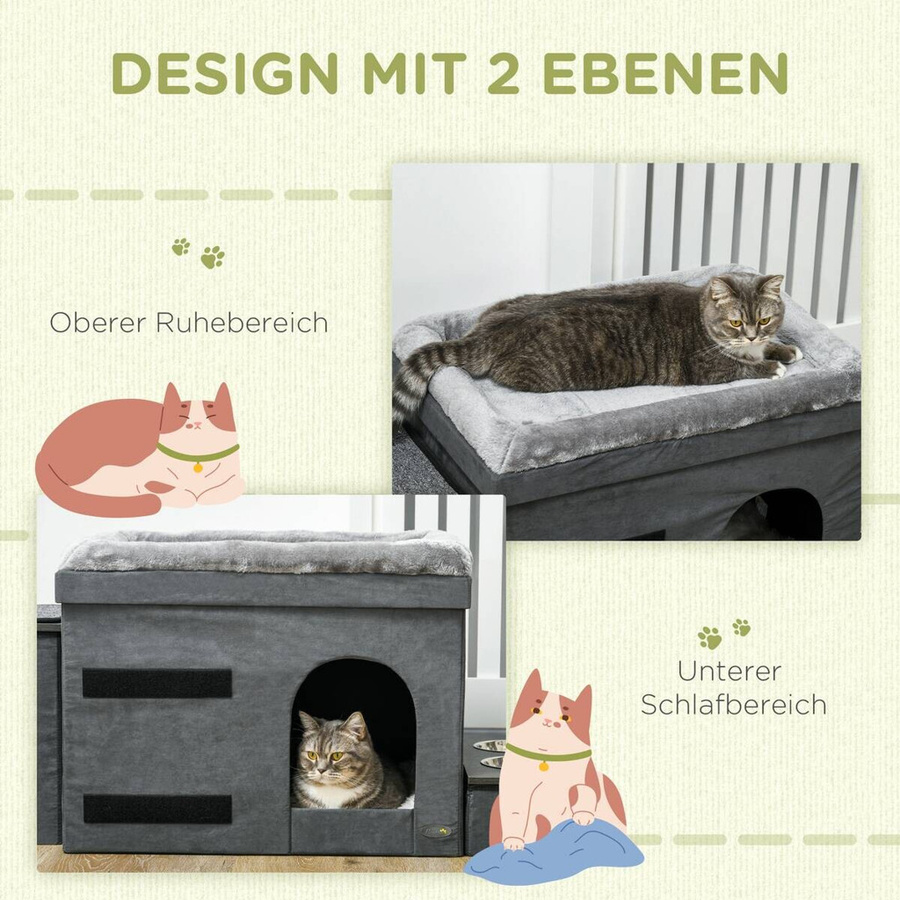 PawHut Katzenhöhle mit Treppe und 2 Edelstahlnäpfen in Grau, B/H/T: 50 x 70 x 51,5 cm - Bild 6