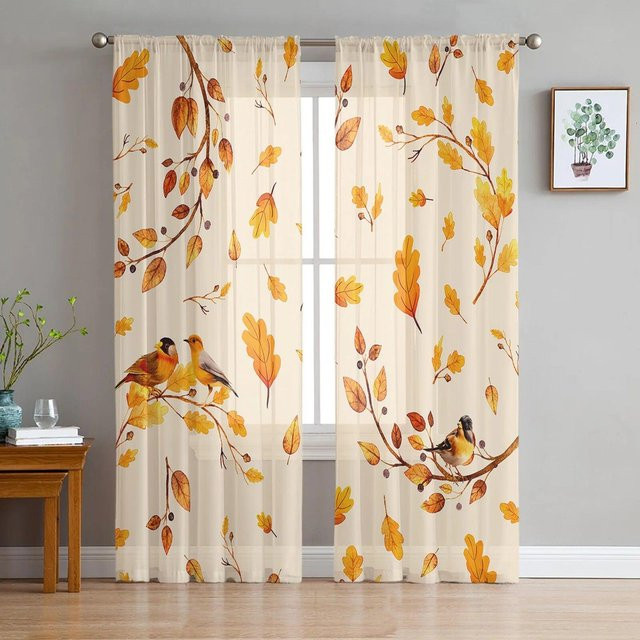 Transparente Voile Tüll Vorhänge mit Herbstlaub Spatz und Meise von Your Warm Home, Farbe Beige, Breite: 135 cm, Höhe: 114 cm - Bild 1